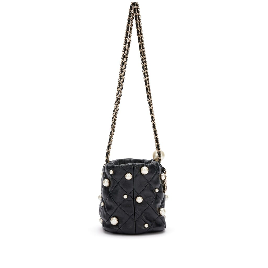 Black Quilted Lambskin Bucket Bag with Pearls Pale Gold Hardware, 2021