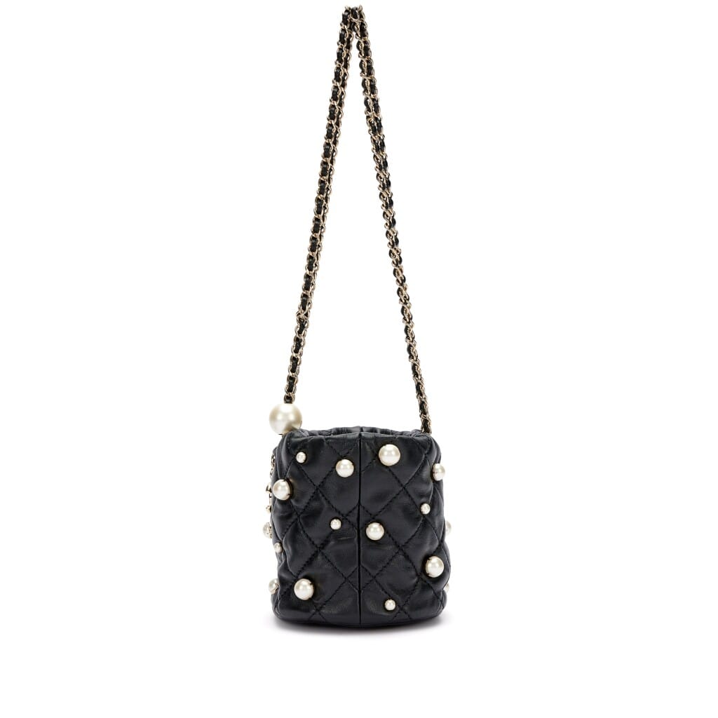 Black Quilted Lambskin Bucket Bag with Pearls Pale Gold Hardware, 2021