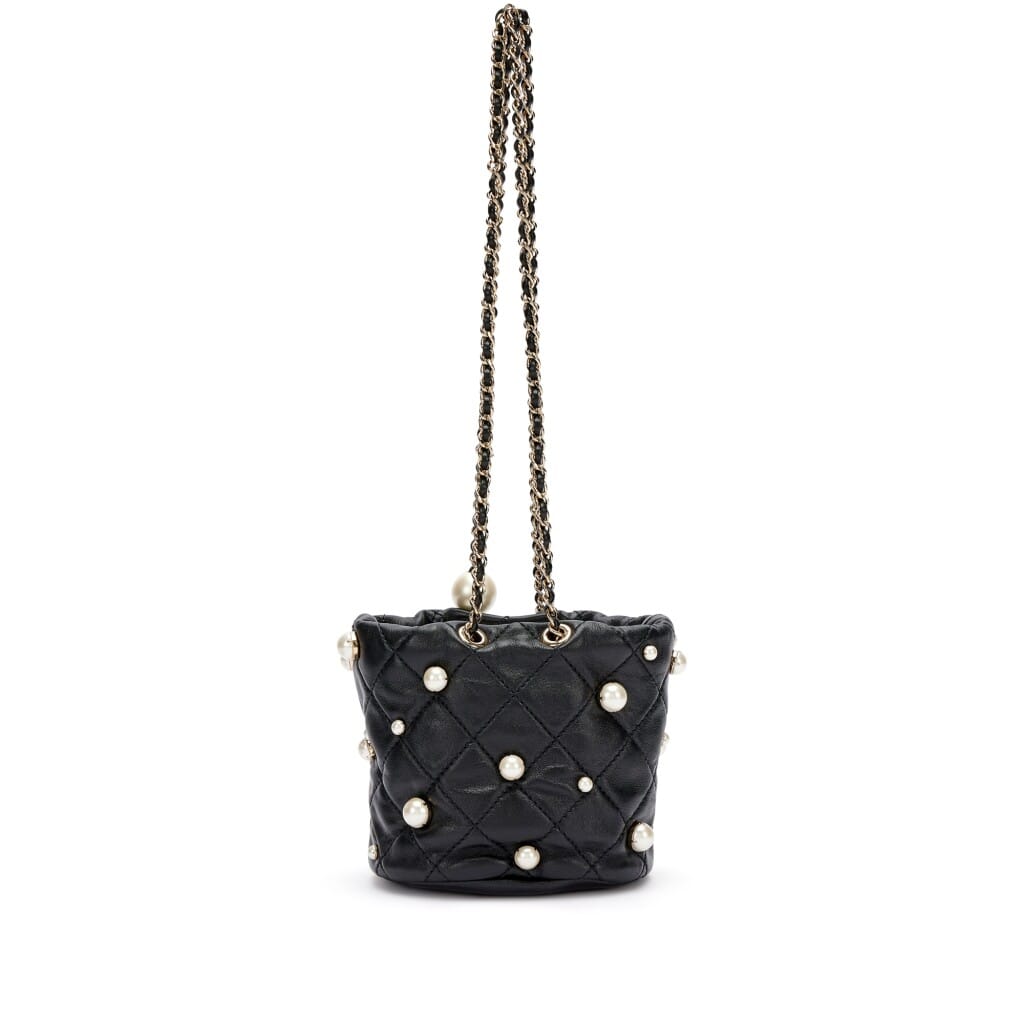Black Quilted Lambskin Bucket Bag with Pearls Pale Gold Hardware, 2021