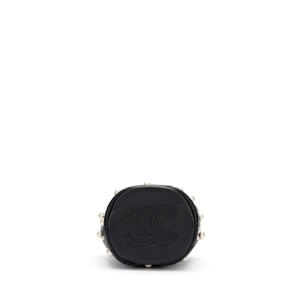 Black Quilted Lambskin Bucket Bag with Pearls Pale Gold Hardware, 2021