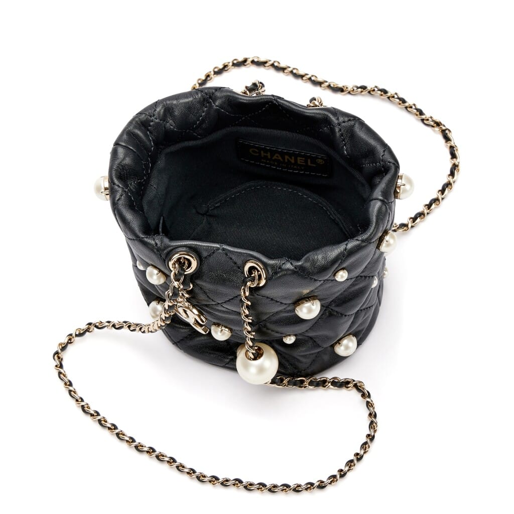 Black Quilted Lambskin Bucket Bag with Pearls Pale Gold Hardware, 2021