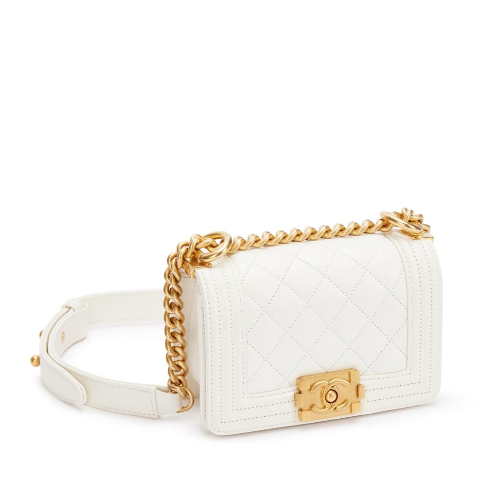 White Quilted Caviar Mini Boy Bag Aged Gold Hardware