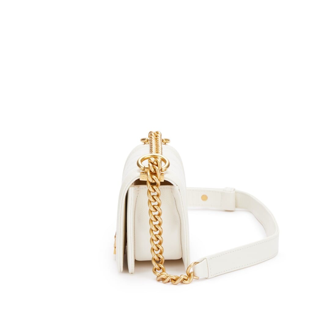 White Quilted Caviar Mini Boy Bag Aged Gold Hardware