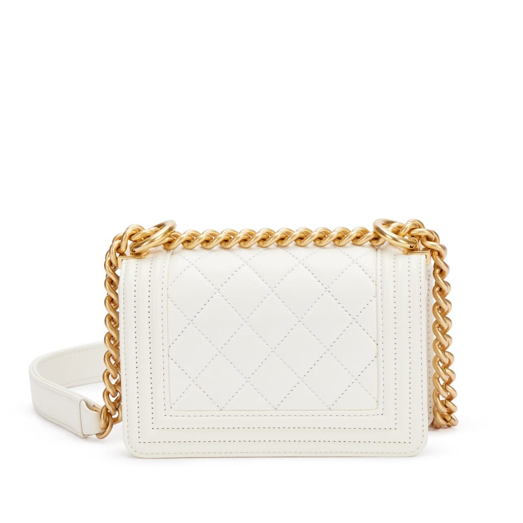 White Quilted Caviar Mini Boy Bag Aged Gold Hardware