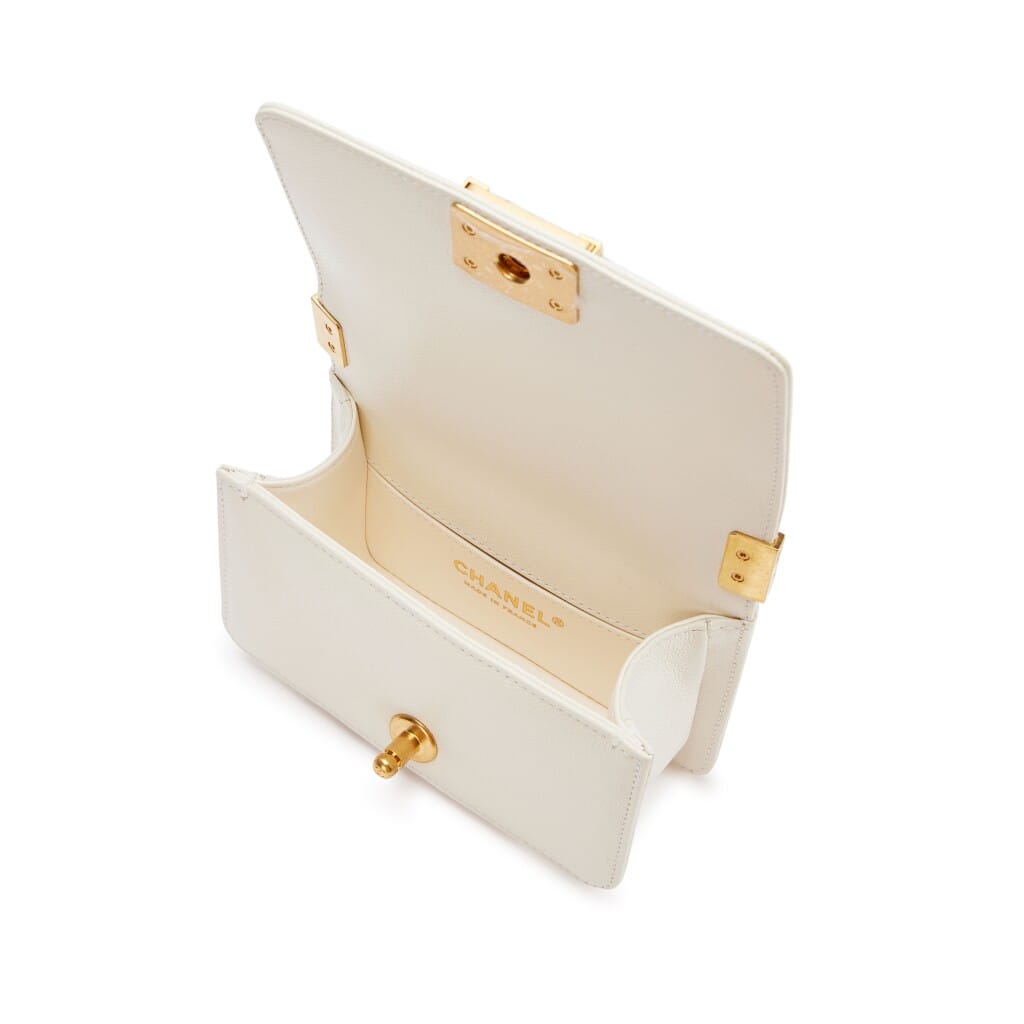 White Quilted Caviar Mini Boy Bag Aged Gold Hardware