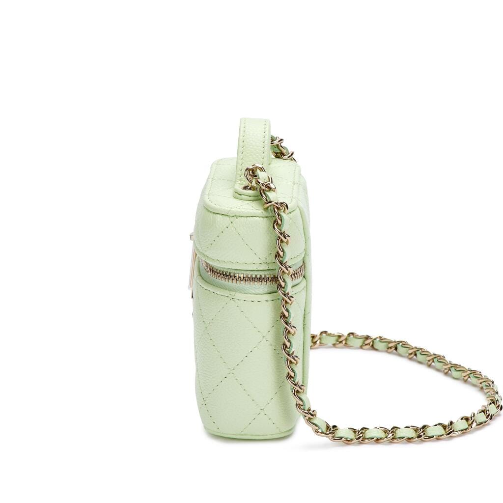 Light Green Quilted Caviar Top Handle Vanity Case Pale Gold Hardware, 2021