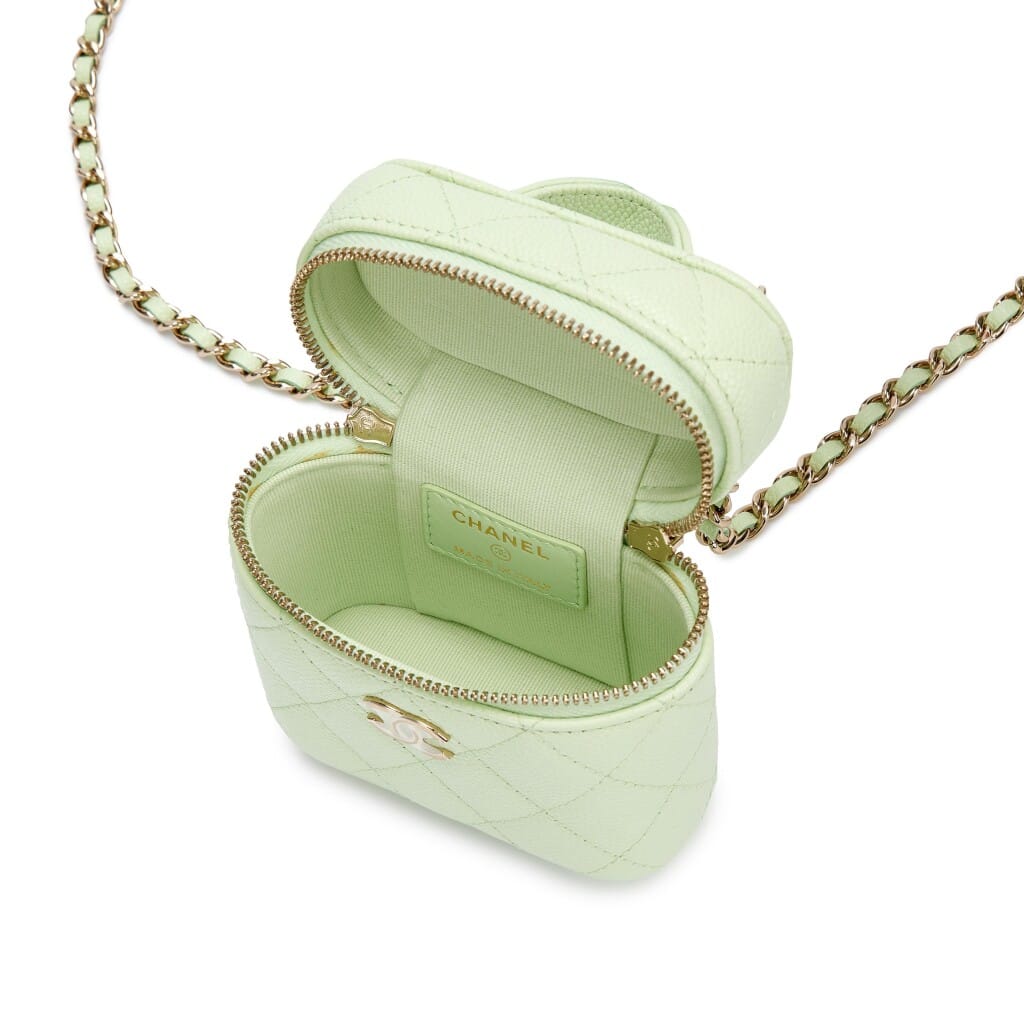 Light Green Quilted Caviar Top Handle Vanity Case Pale Gold Hardware, 2021