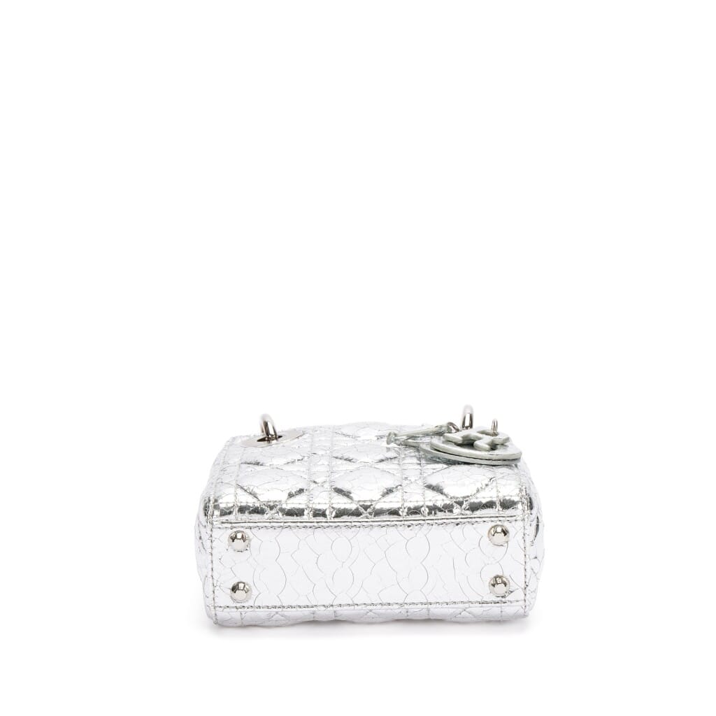 Silver Crinkled Calfskin Micro Lady Dior Silver Hardware