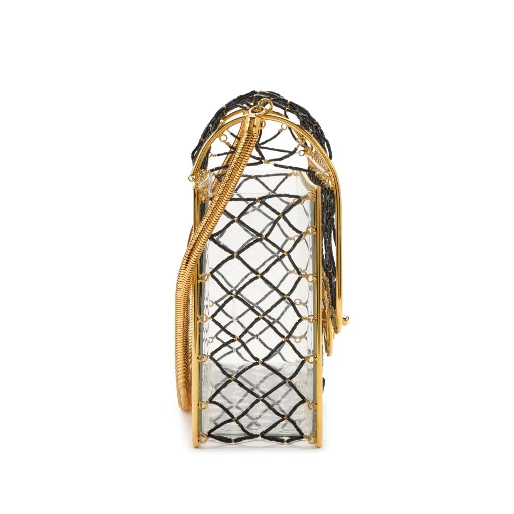 Black Beaded Lucite Medium Cage Flap Gold Hardware, 1990s
