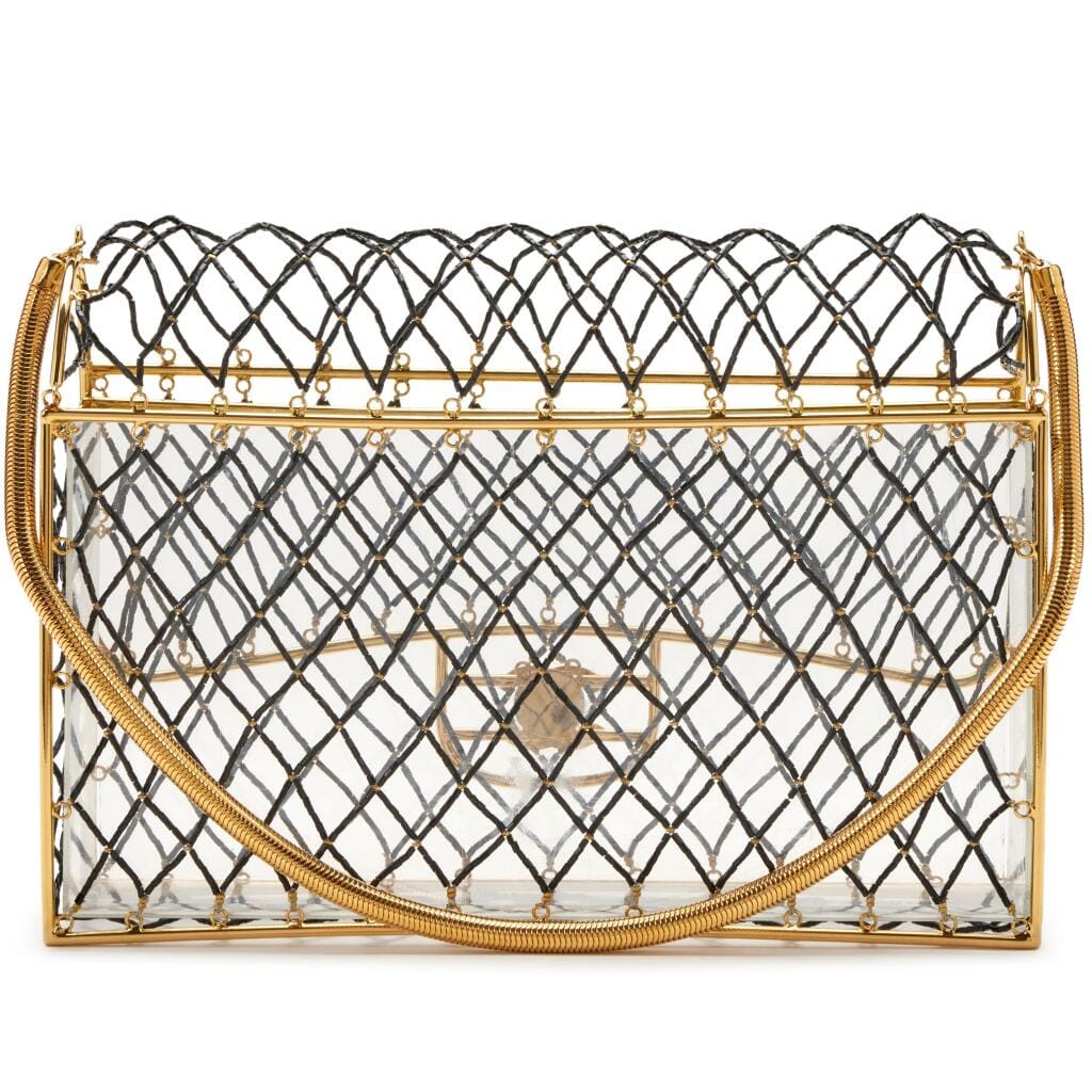 Black Beaded Lucite Medium Cage Flap Gold Hardware, 1990s