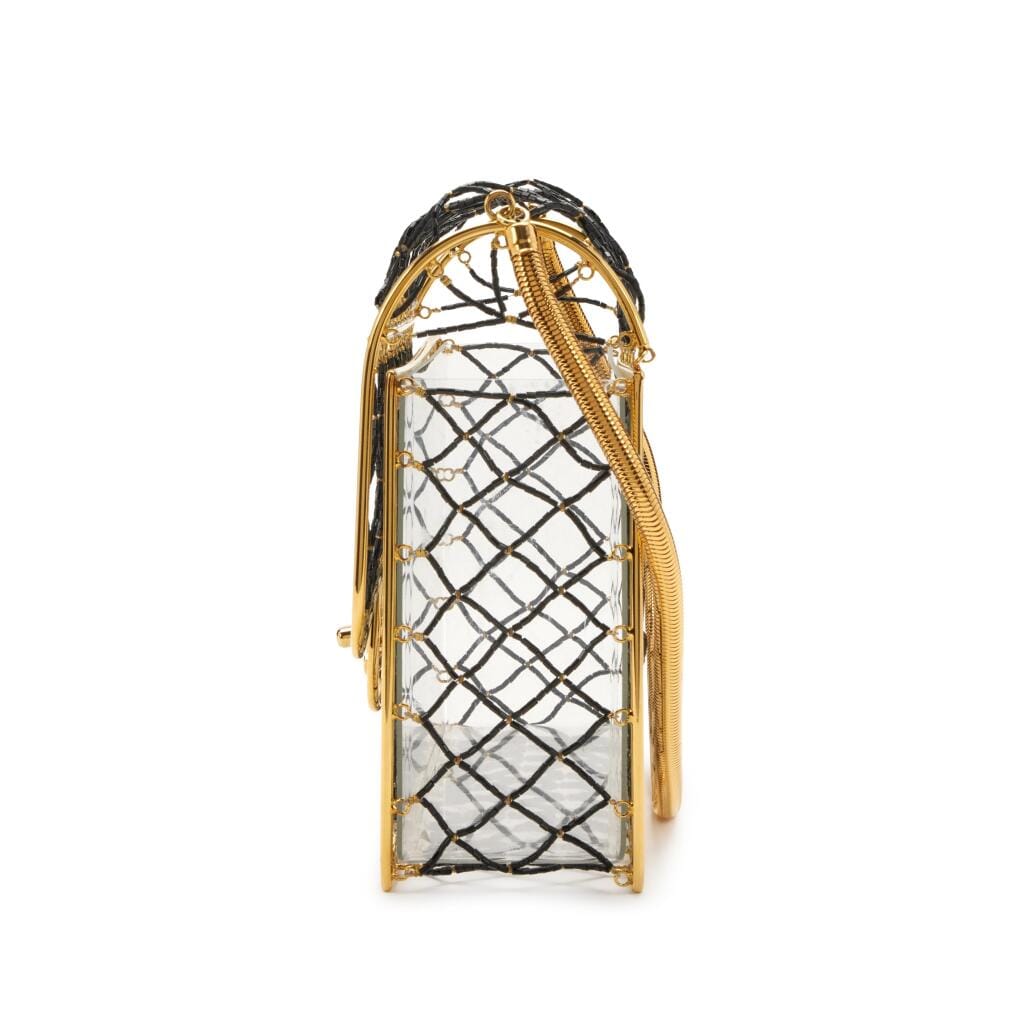 Black Beaded Lucite Medium Cage Flap Gold Hardware, 1990s