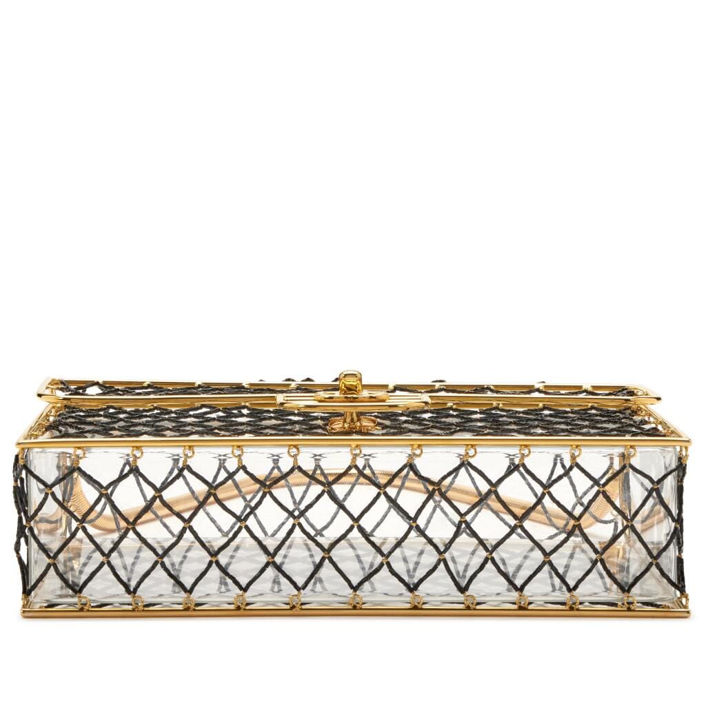 Black Beaded Lucite Medium Cage Flap Gold Hardware, 1990s