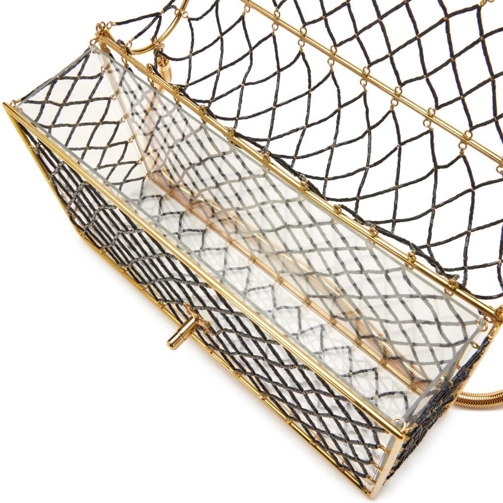 Black Beaded Lucite Medium Cage Flap Gold Hardware, 1990s