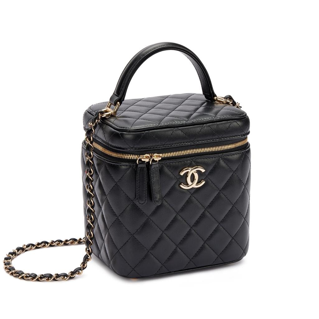 Black Quilted Lambskin Top Handle Vanity Pale Gold Hardware