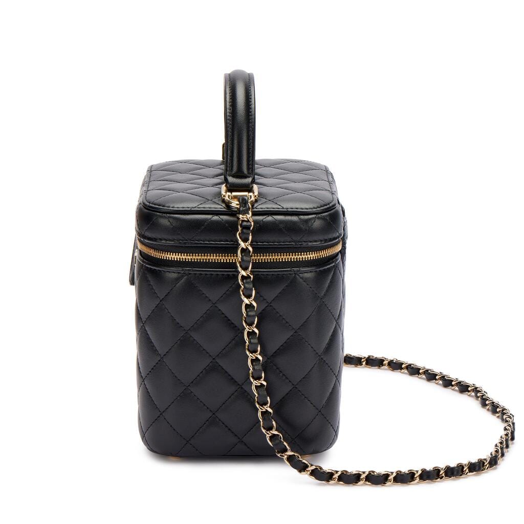 Black Quilted Lambskin Top Handle Vanity Pale Gold Hardware