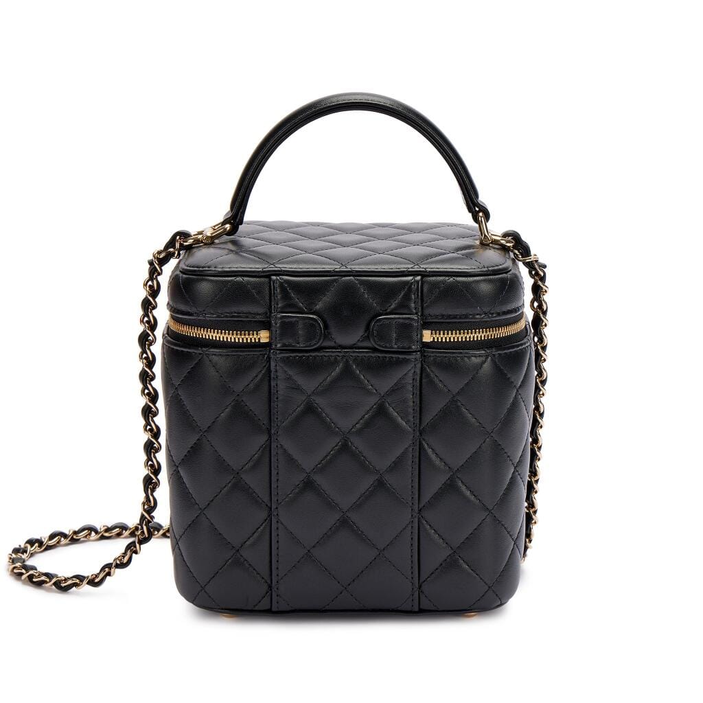 Black Quilted Lambskin Top Handle Vanity Pale Gold Hardware