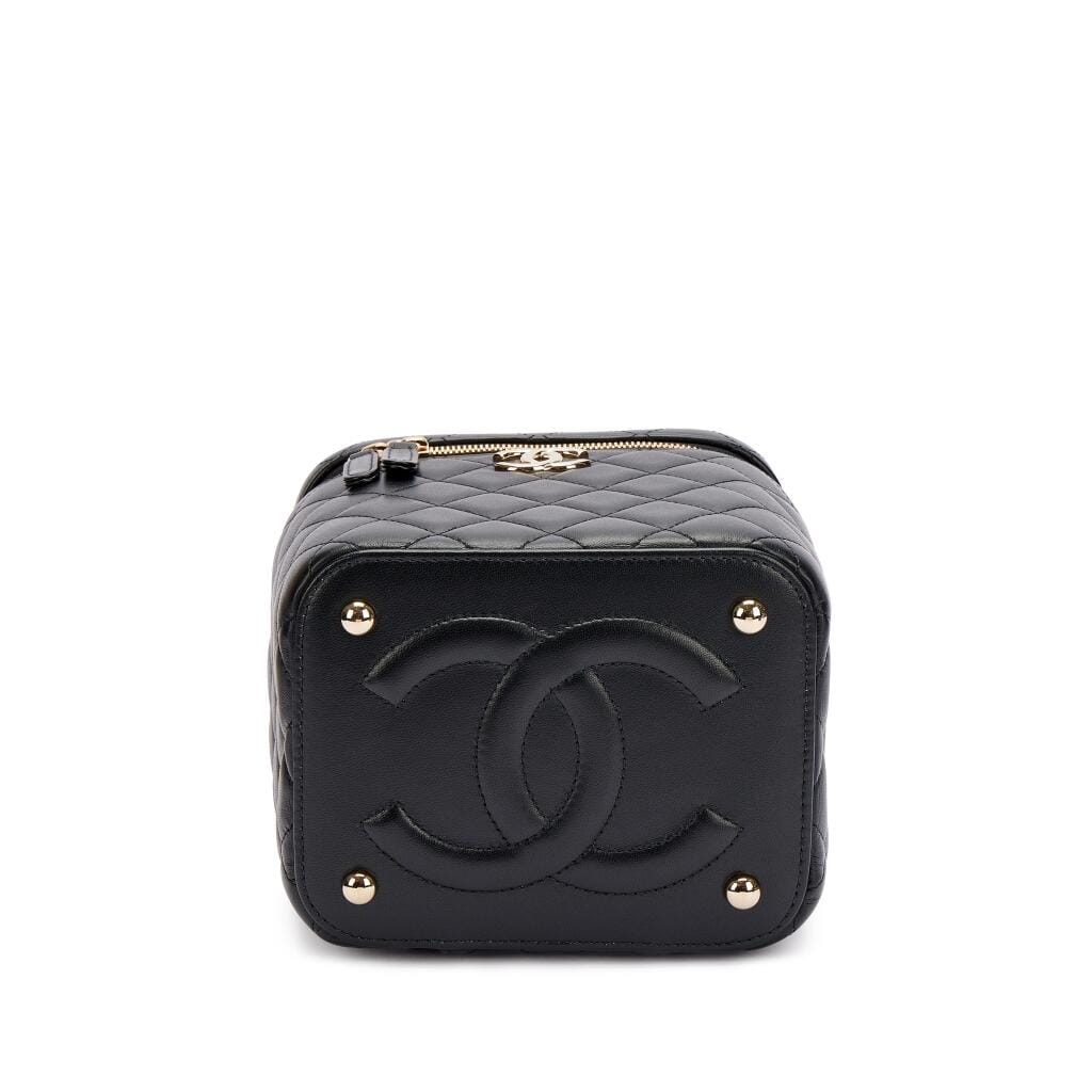 Black Quilted Lambskin Top Handle Vanity Pale Gold Hardware
