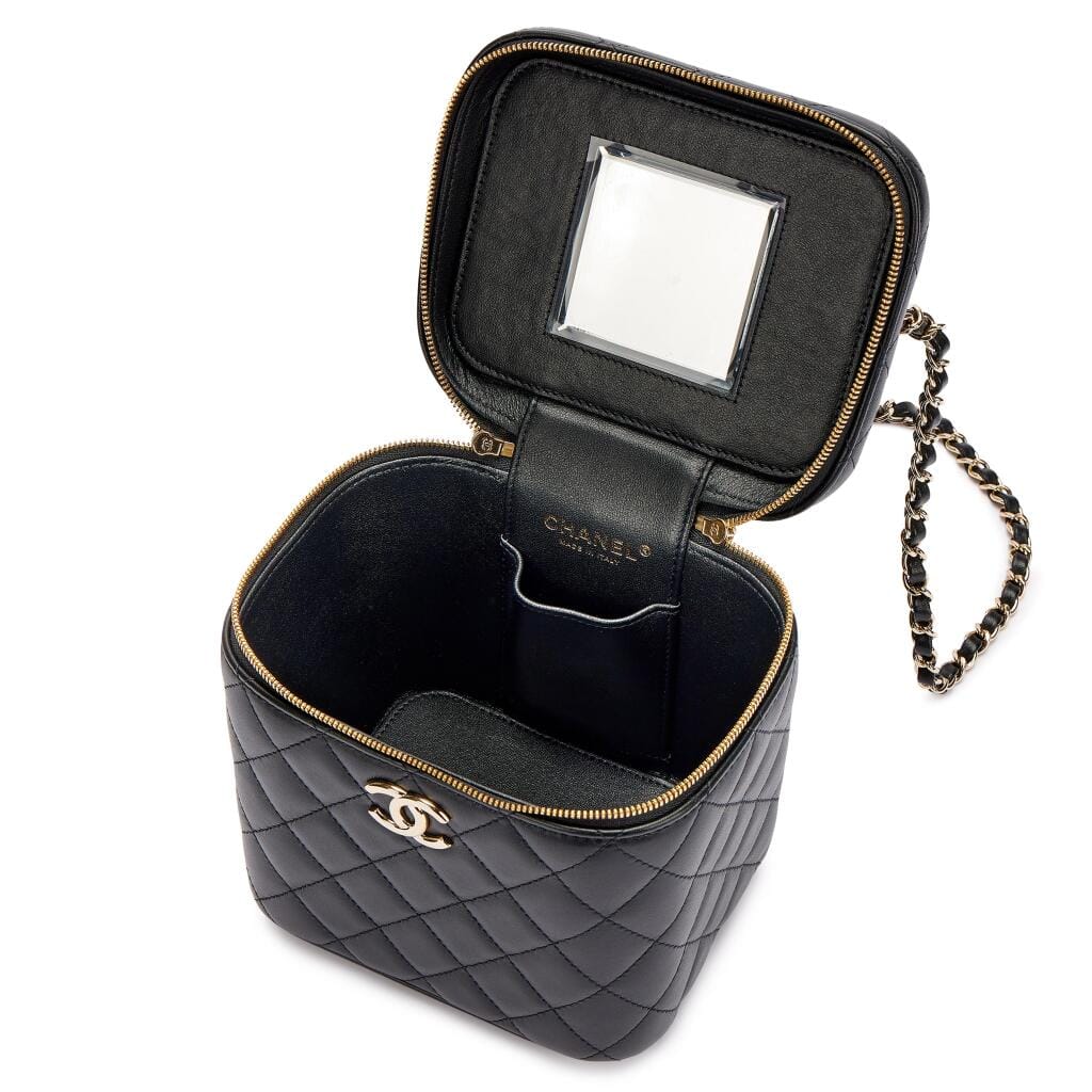 Black Quilted Lambskin Top Handle Vanity Pale Gold Hardware