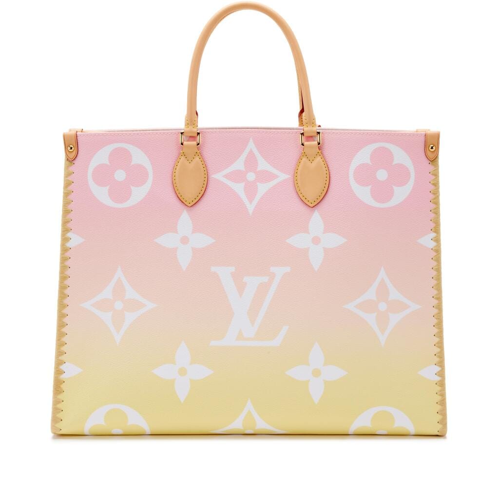 Light Pink and Yellow Giant Monogram Canvas and Raffia By the Pool Hawaii OnTheGo GM Gold Hardware, 2021
