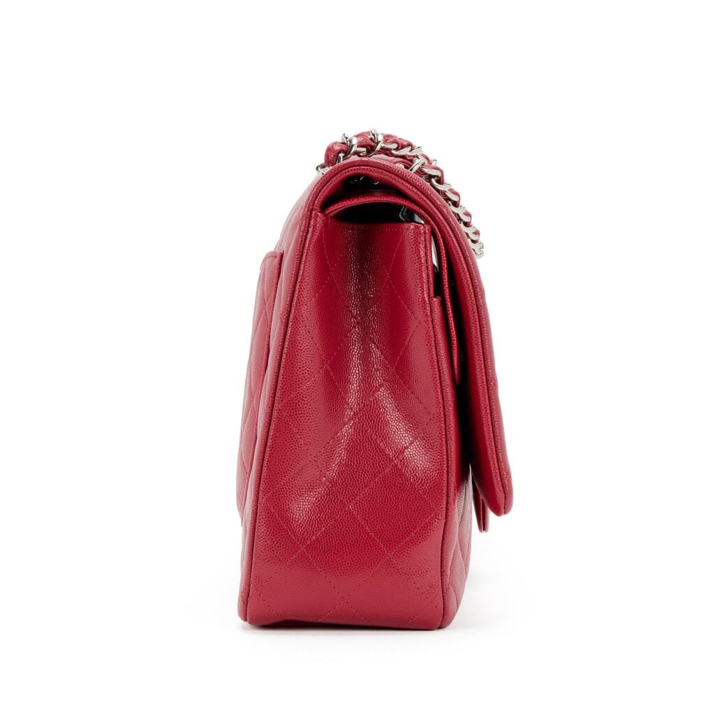 Red Quilted Caviar Maxi Classic Double Flap Silver Hardware, 2018-2019