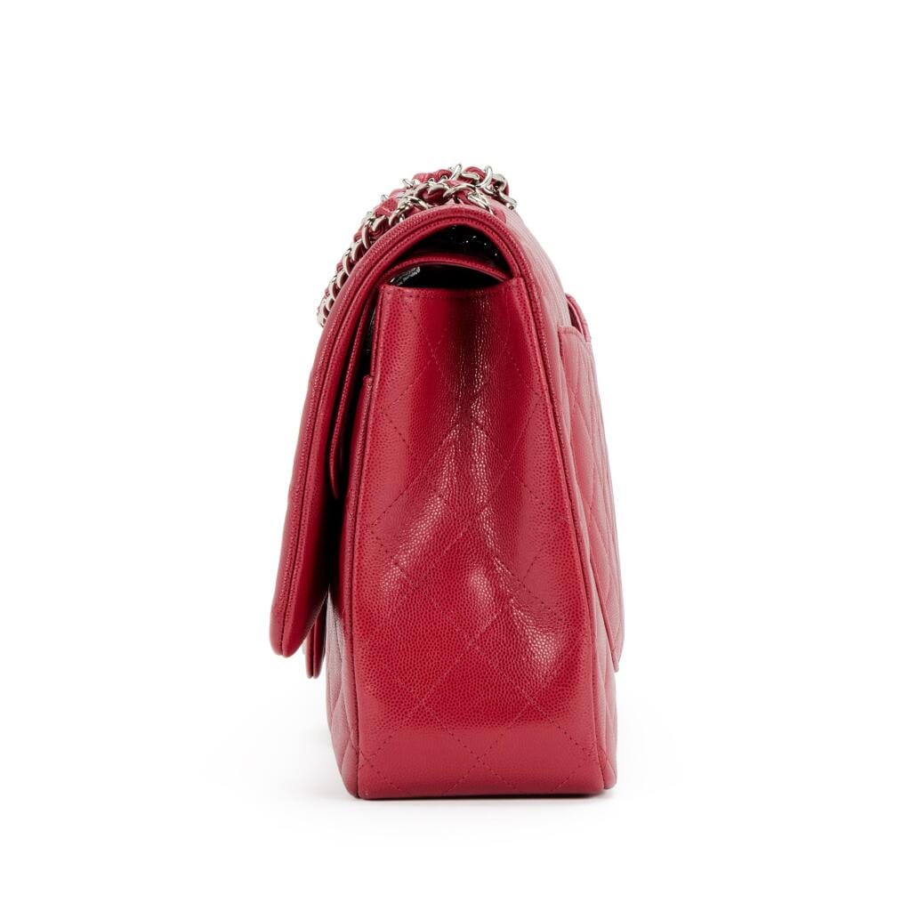 Red Quilted Caviar Maxi Classic Double Flap Silver Hardware, 2018-2019