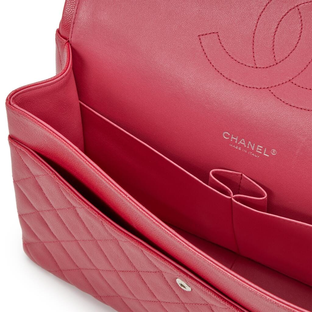 Red Quilted Caviar Maxi Classic Double Flap Silver Hardware, 2018-2019
