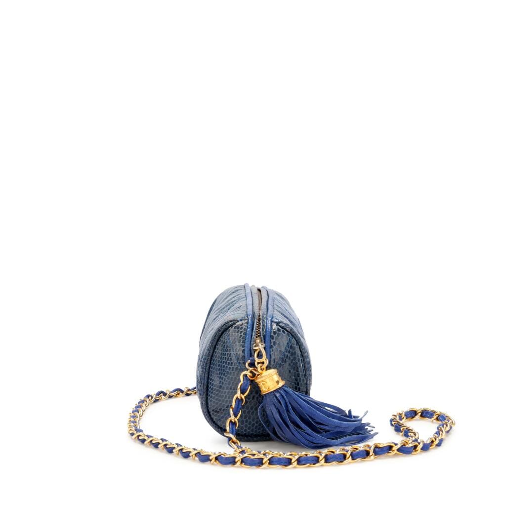 Blue Quilted Lizard CC Tassel Bag Gold Hardware, 1986-1988