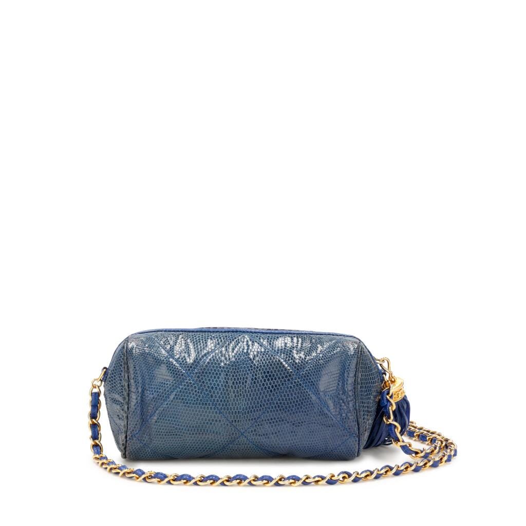Blue Quilted Lizard CC Tassel Bag Gold Hardware, 1986-1988