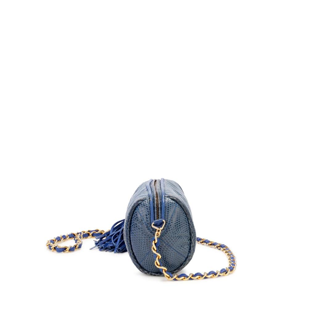 Blue Quilted Lizard CC Tassel Bag Gold Hardware, 1986-1988