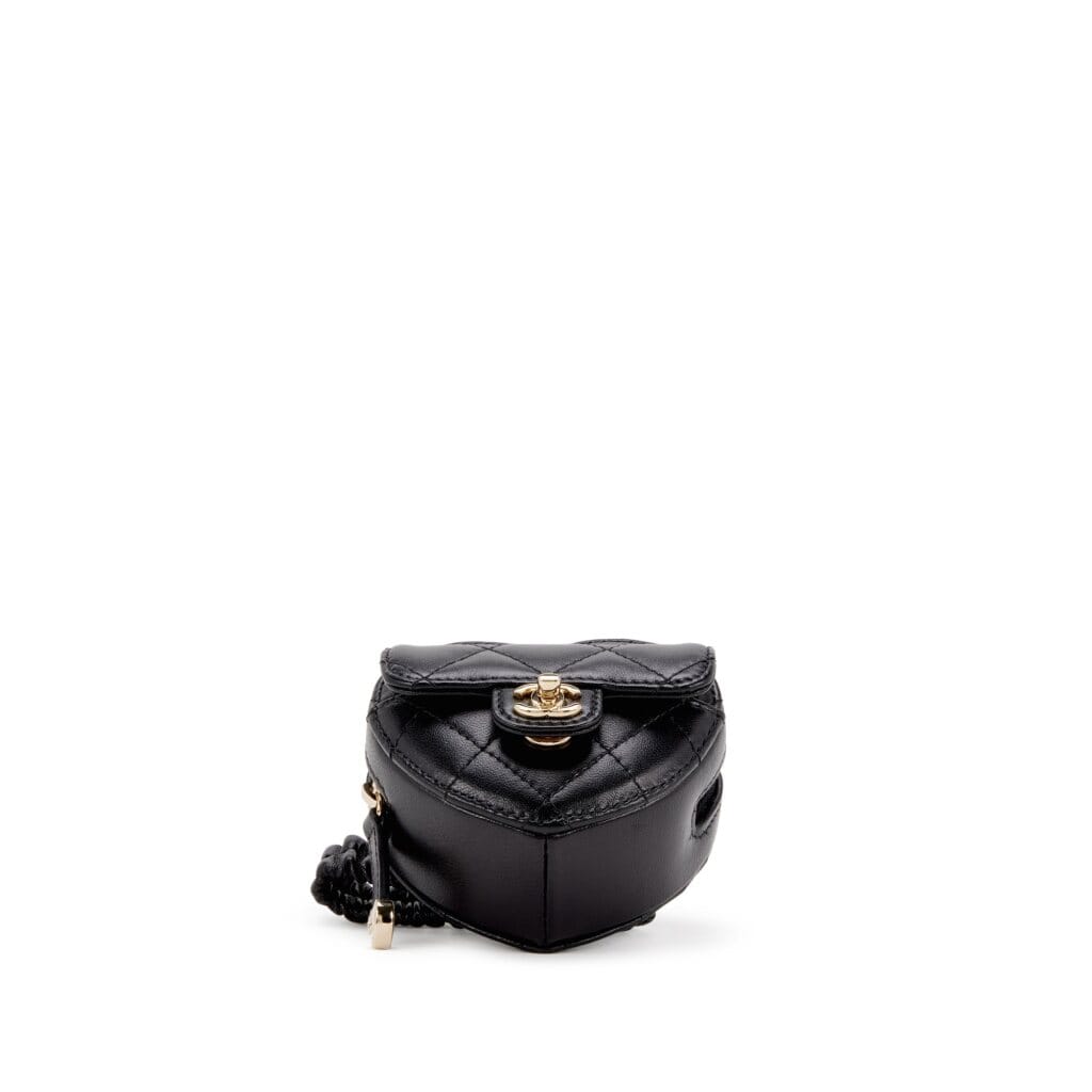 Black Quilted Lambskin Heart Zipped Coin Wrist Purse Gold Hardware, 2022