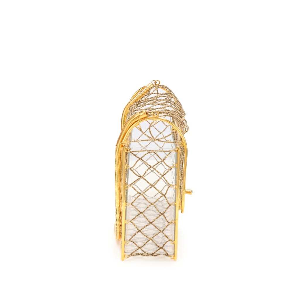 Clear Beaded Lucite Medium Cage Flap Gold Hardware, 1990s