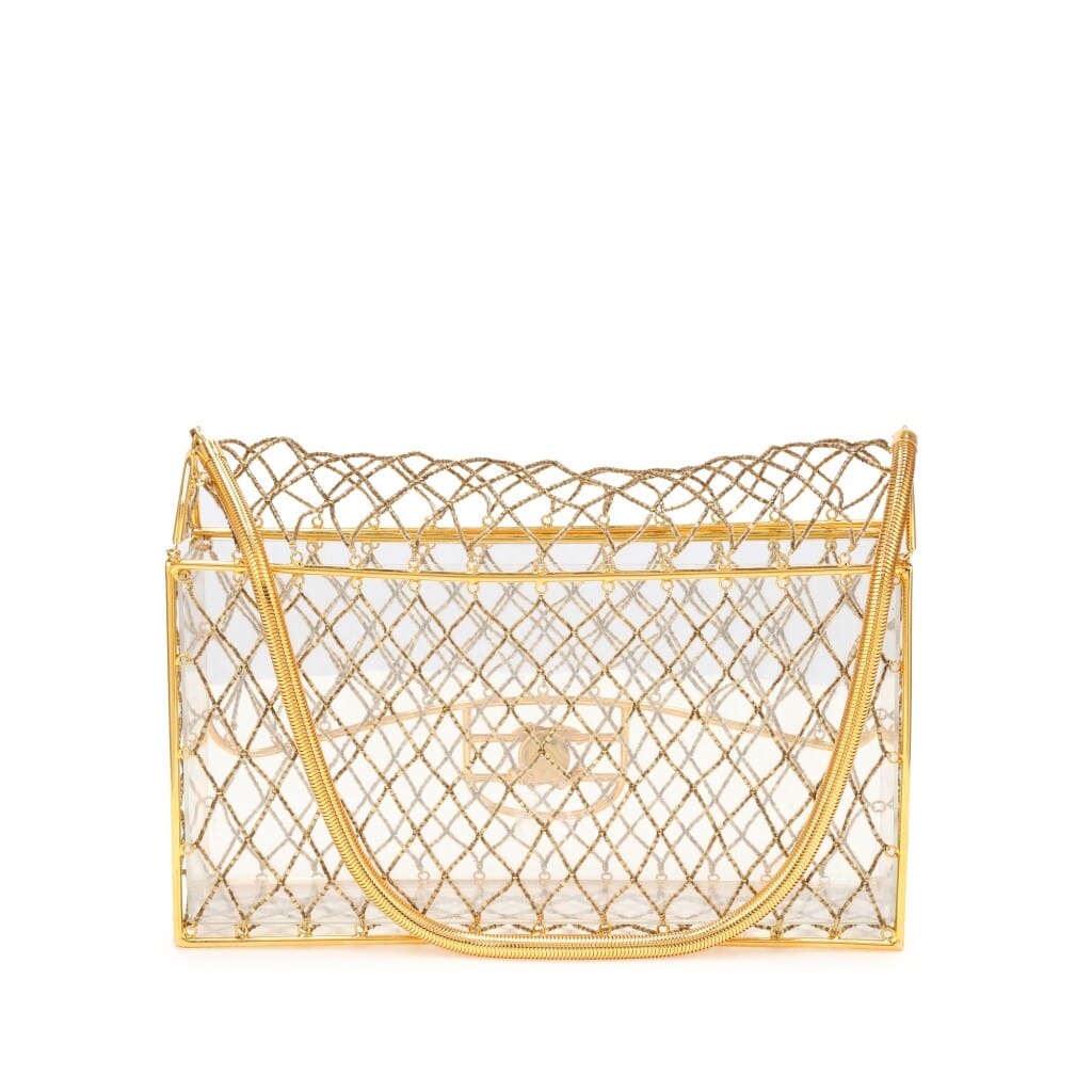 Clear Beaded Lucite Medium Cage Flap Gold Hardware, 1990s