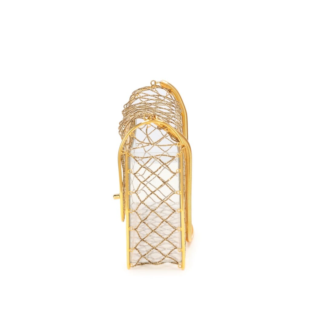 Clear Beaded Lucite Medium Cage Flap Gold Hardware, 1990s