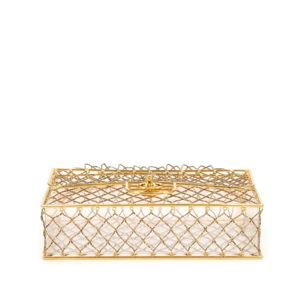 Clear Beaded Lucite Medium Cage Flap Gold Hardware, 1990s
