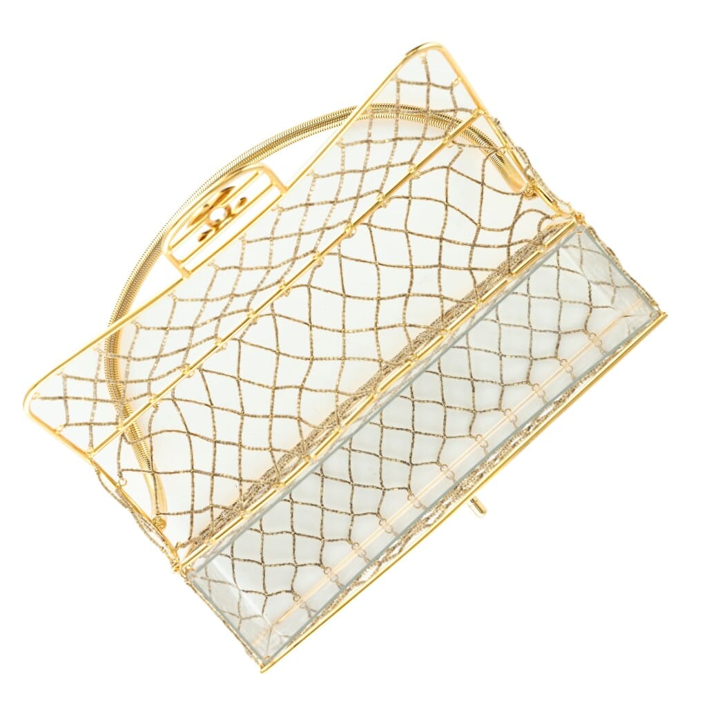 Clear Beaded Lucite Medium Cage Flap Gold Hardware, 1990s