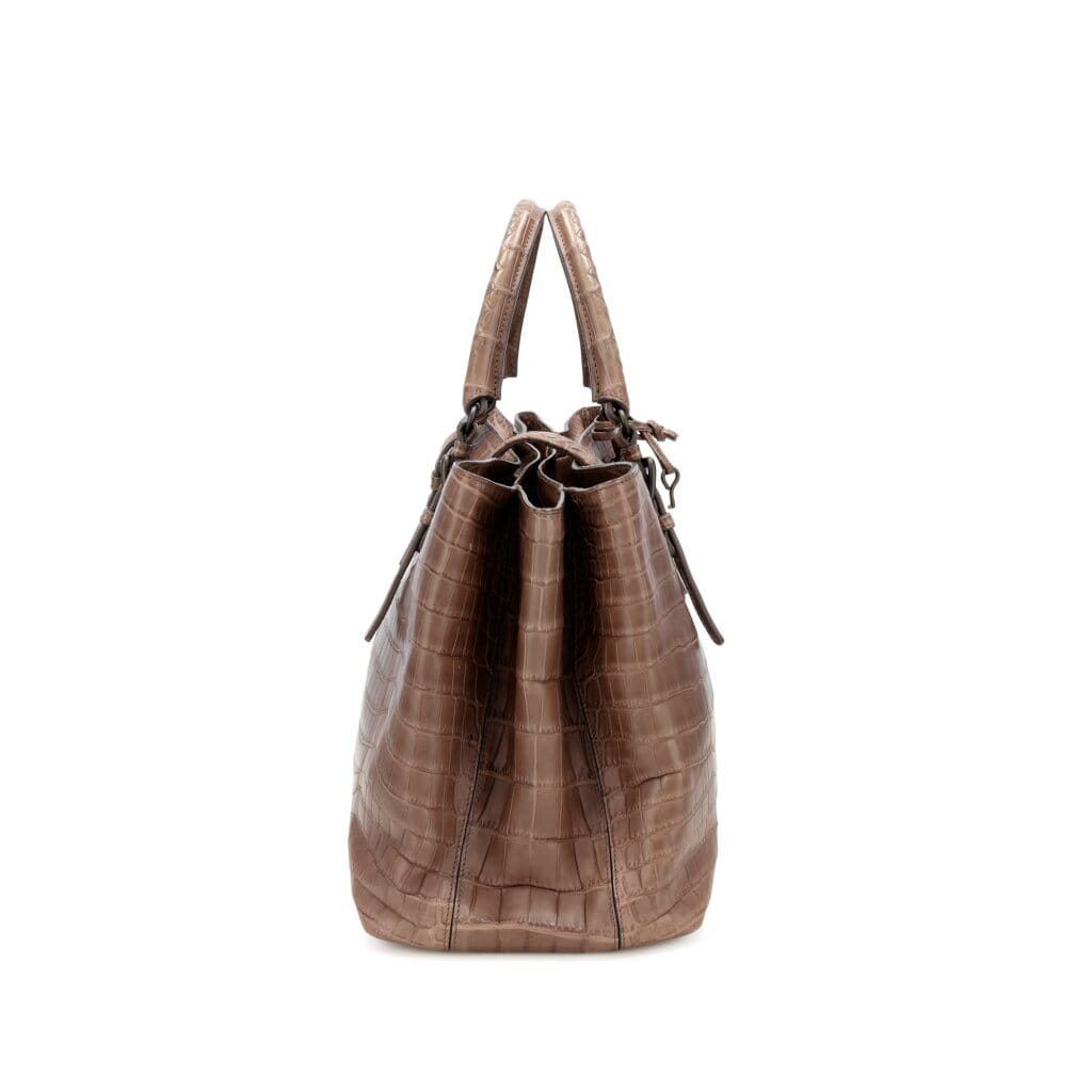 Brown Matte Crocodile Medium Roma Bag Ruthenium Hardware