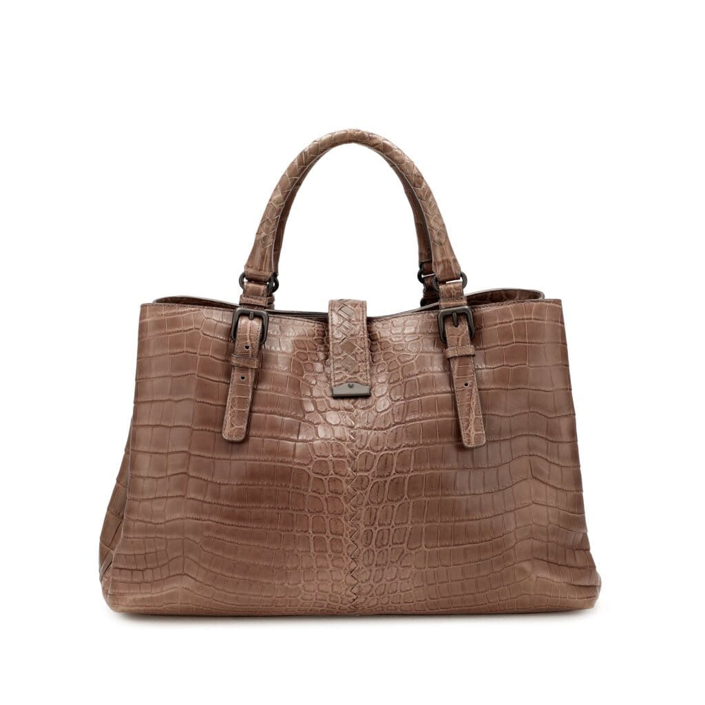 Brown Matte Crocodile Medium Roma Bag Ruthenium Hardware