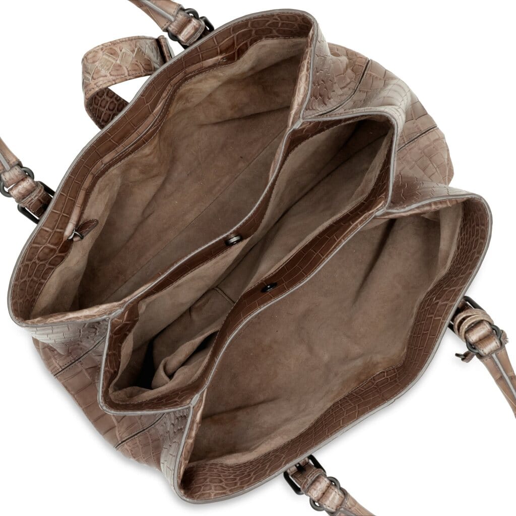 Brown Matte Crocodile Medium Roma Bag Ruthenium Hardware