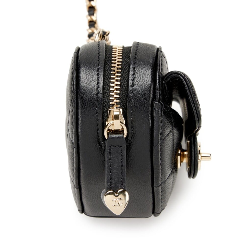 Black Quilted Lambskin Heart Zipped Coin Purse Necklace Gold Hardware, 2022