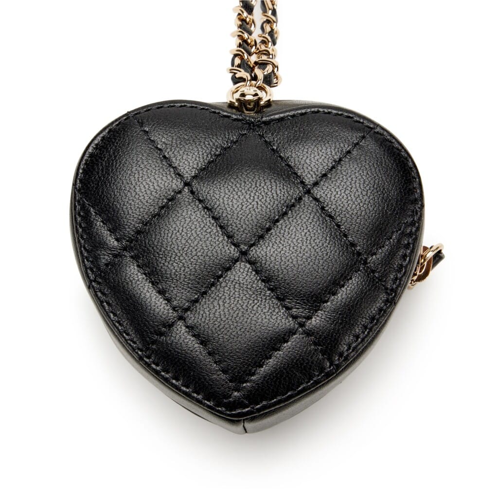Black Quilted Lambskin Heart Zipped Coin Purse Necklace Gold Hardware, 2022