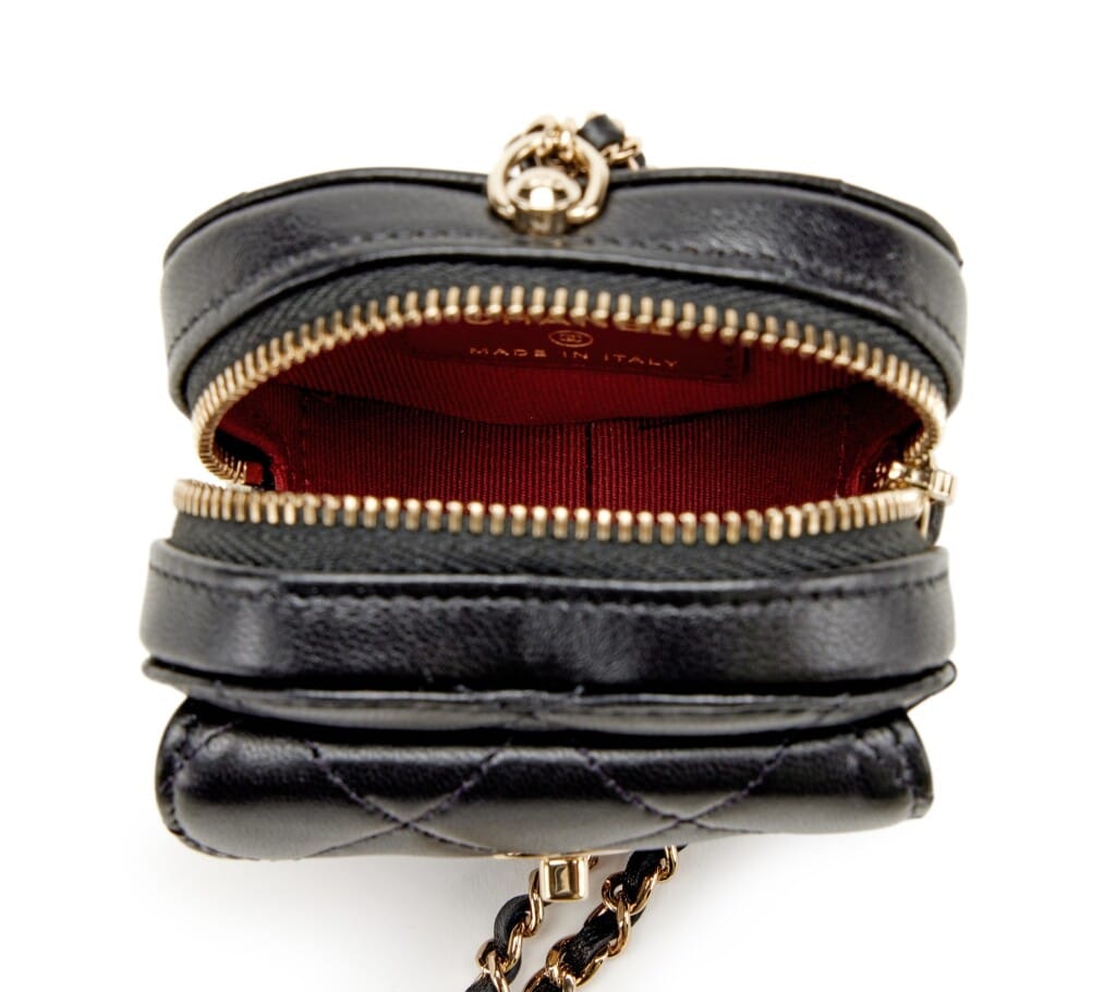 Black Quilted Lambskin Heart Zipped Coin Purse Necklace Gold Hardware, 2022