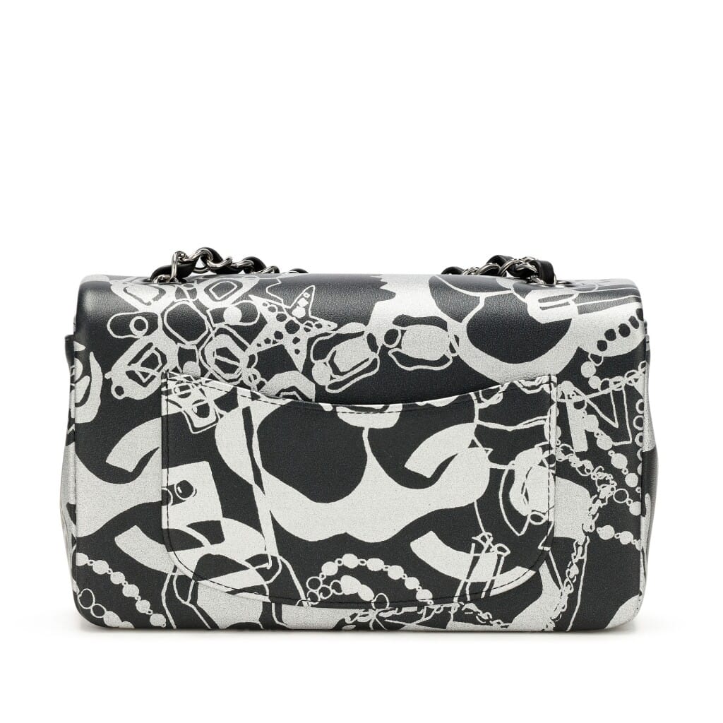 Black and Silver Printed Lambskin Mini Classic Flap Ruthenium Hardware, 2022