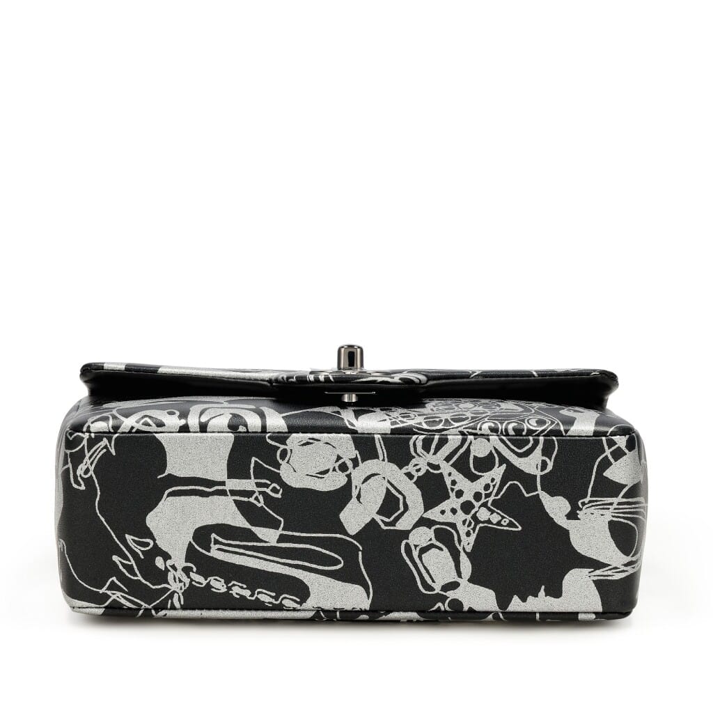 Black and Silver Printed Lambskin Mini Classic Flap Ruthenium Hardware, 2022
