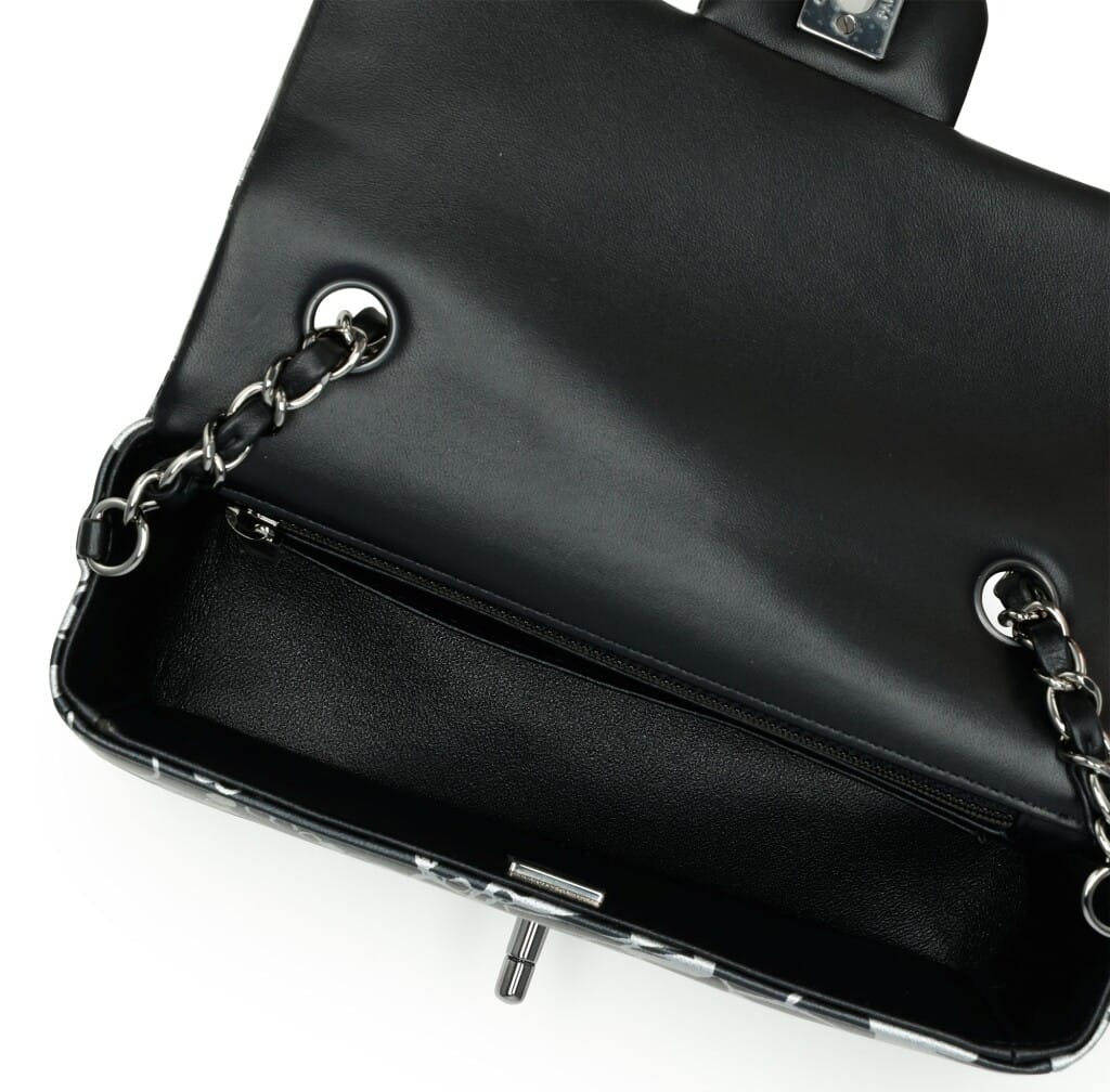 Black and Silver Printed Lambskin Mini Classic Flap Ruthenium Hardware, 2022