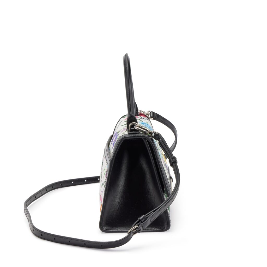 Multicolor Blooms Canvas and Leather Hacker Small Hour Glass Bag Silver Hardware, 2021