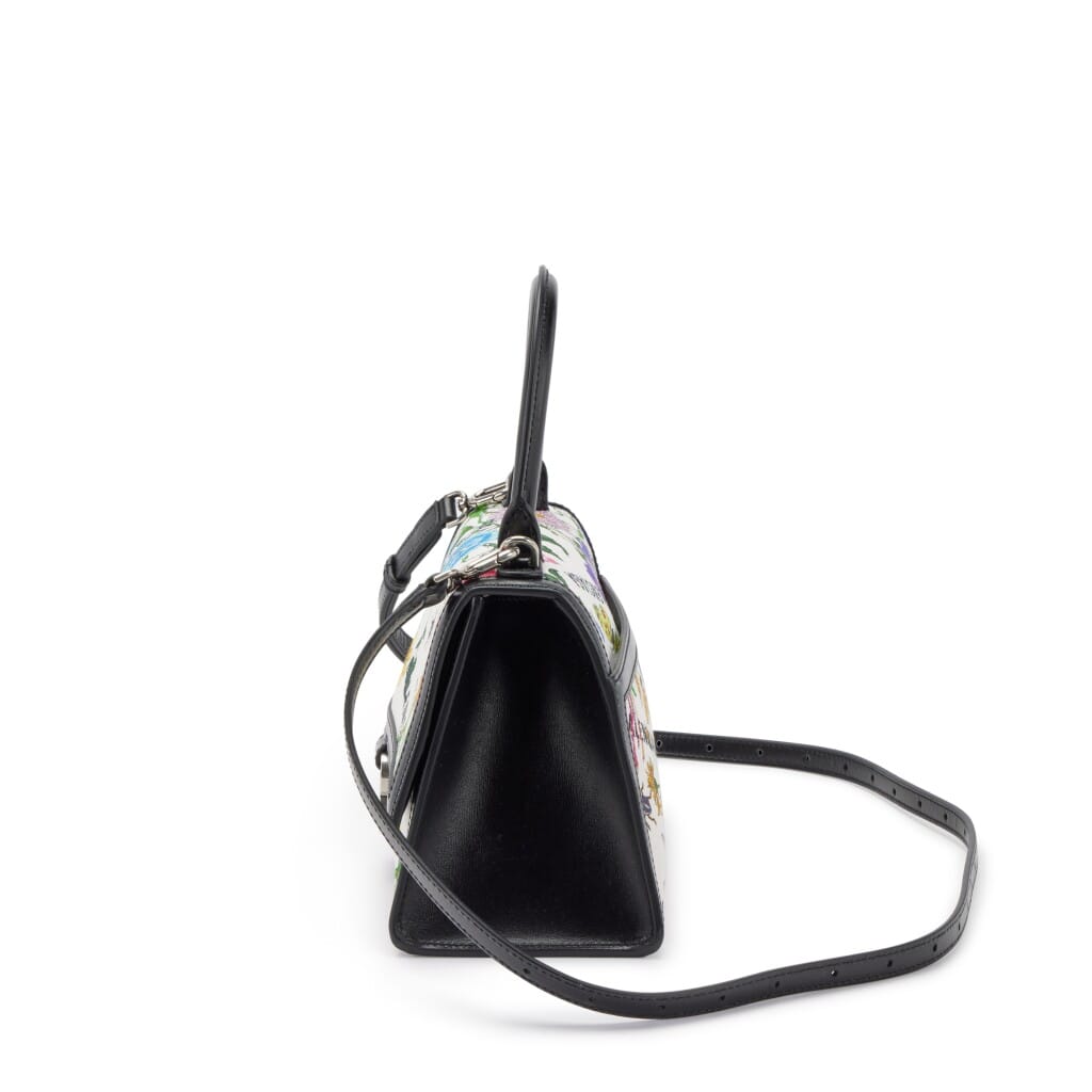 Multicolor Blooms Canvas and Leather Hacker Small Hour Glass Bag Silver Hardware, 2021