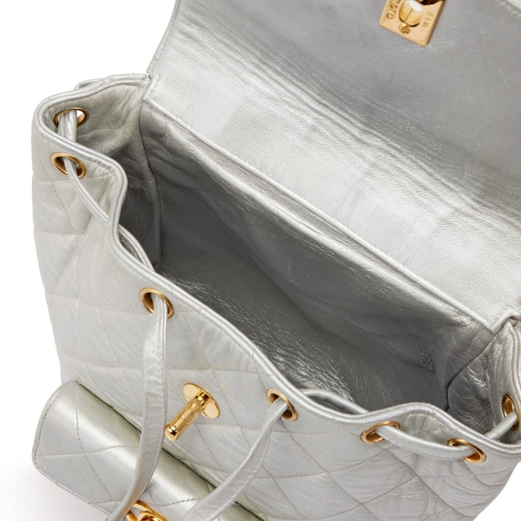 Silver Quilted Lambskin Medium Timeless CC Duma Backpack Gold Hardware, 1991-1994