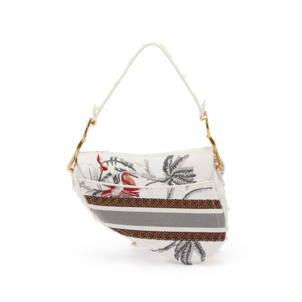 Multicolor Embroidered Camouflage Flowers Canvas Saddle Bag Gold Hardware, 2020