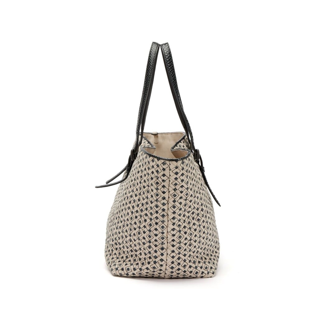 Black and Creme Printed Intrecciato Nappa Leather and Ayers Snakeskin Medium Tote Black Hardware