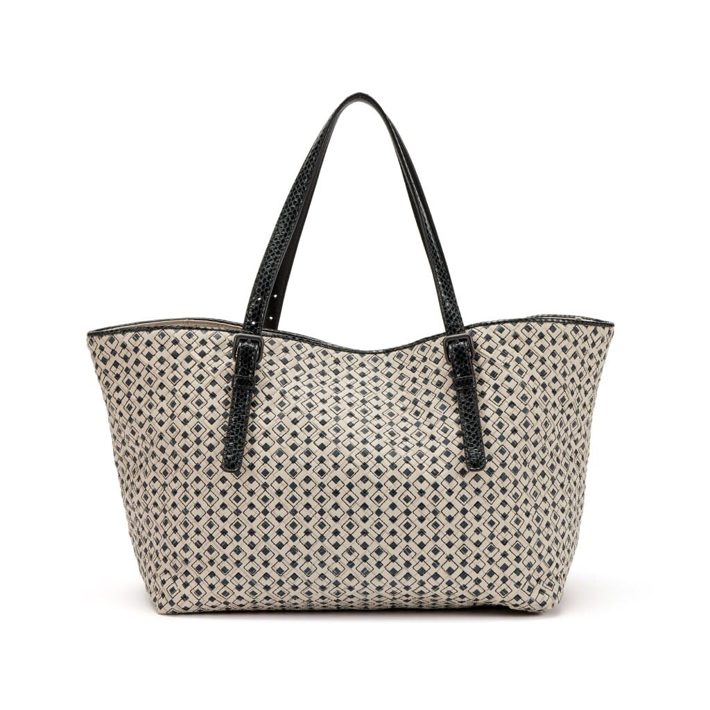 Black and Creme Printed Intrecciato Nappa Leather and Ayers Snakeskin Medium Tote Black Hardware